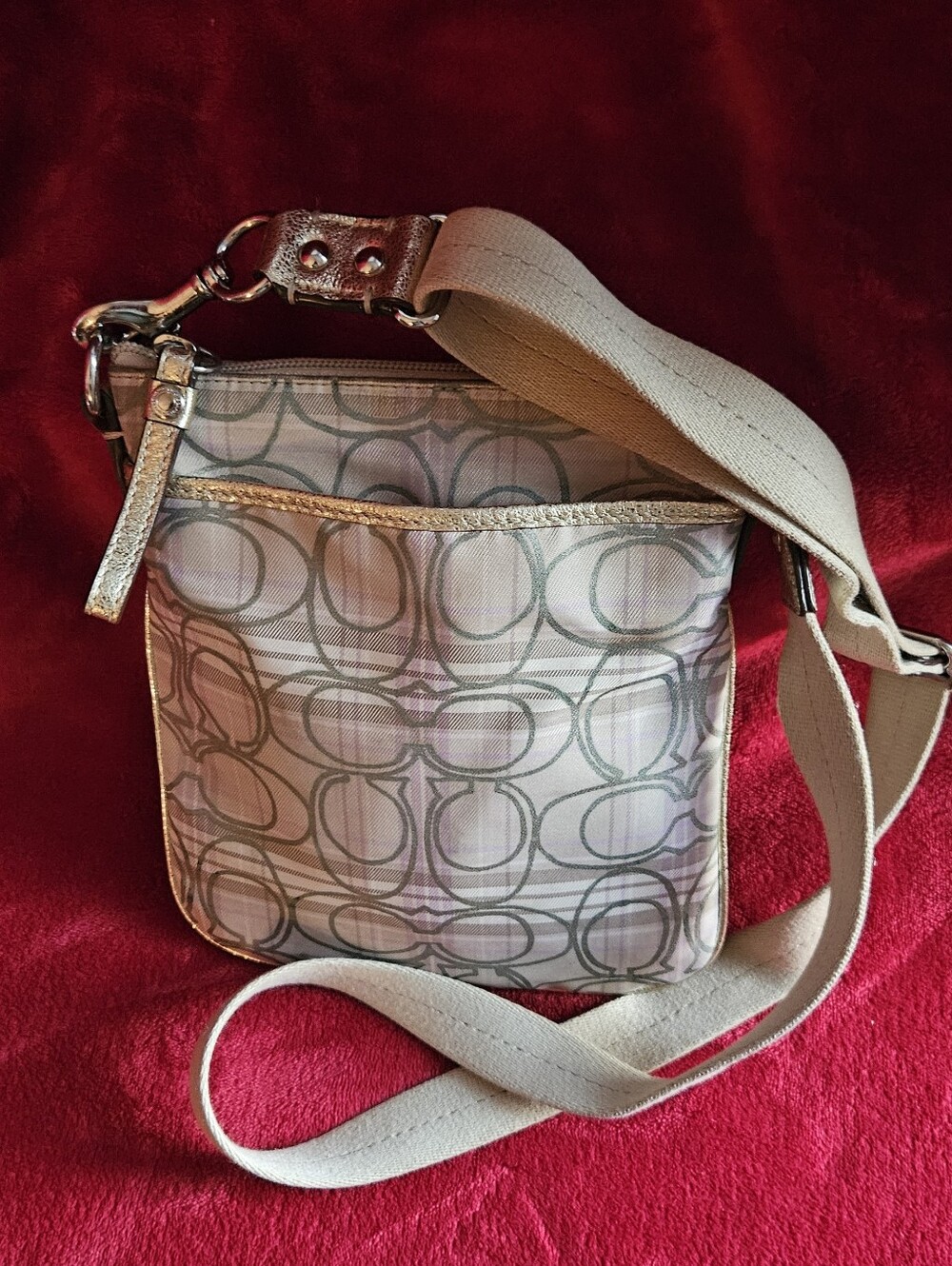 Coach Poppy Signature Tartan Plaid Lilac & Khaki Crossbody w/Metallic Gold Trim